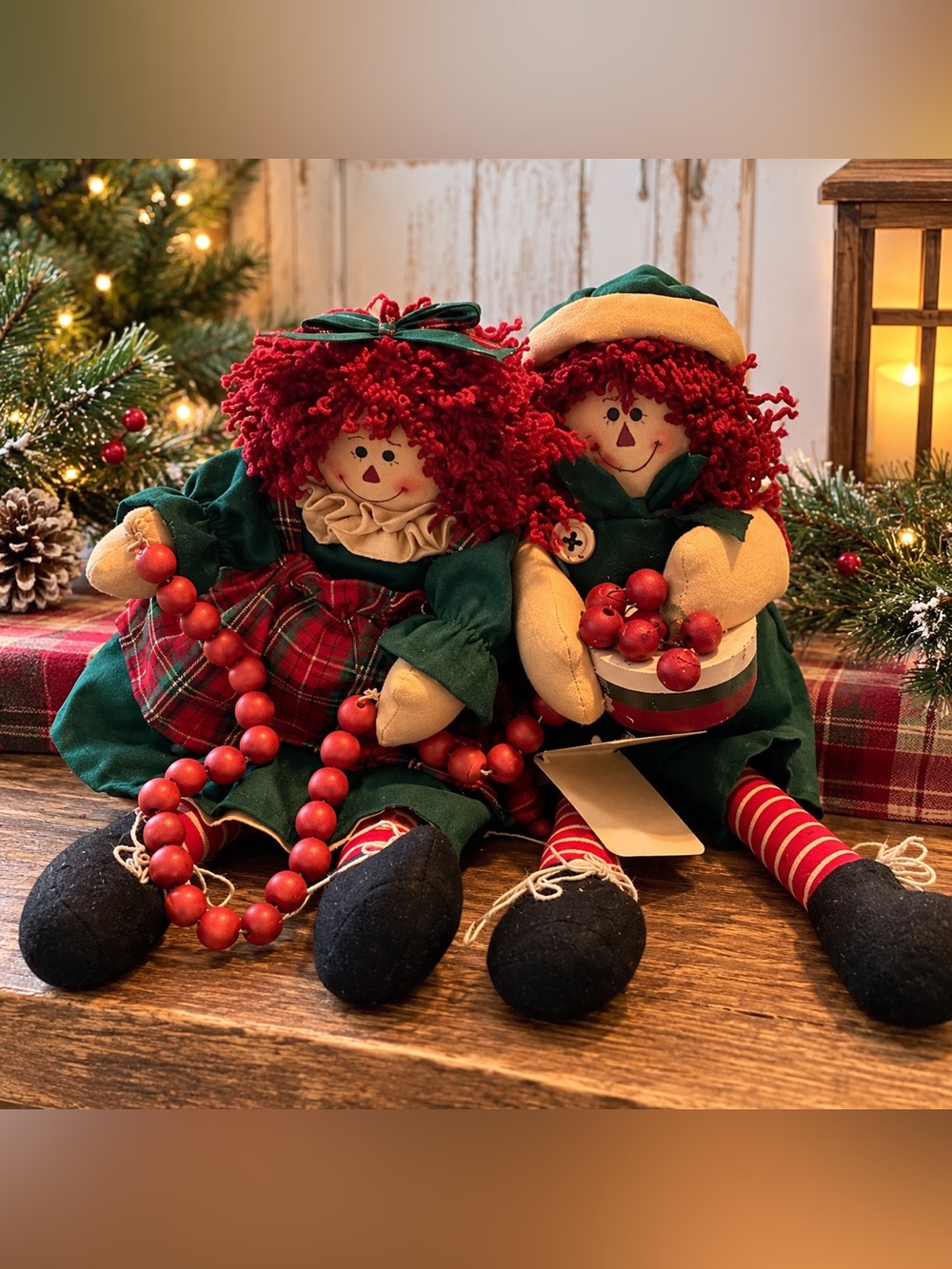 Audrey's Lebanon PA Christmas Rag Dolls Pair Primitive Plaid Holiday Decor 6in